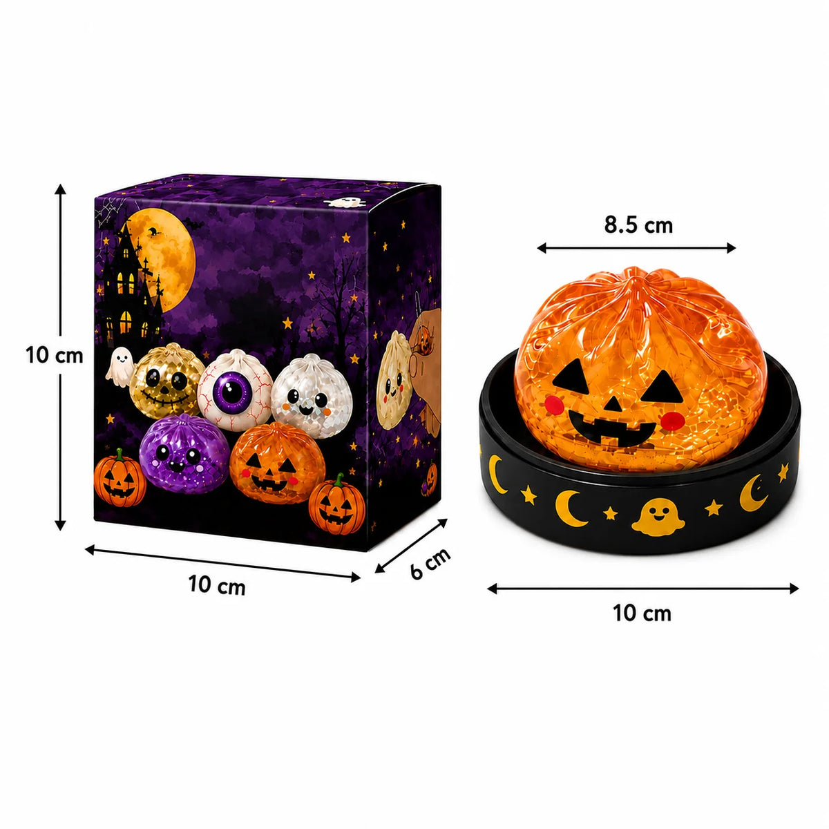 Gold glitter skull-face pumpkin squishy squeezed by a finger, slow-rising Halloween stress toy
