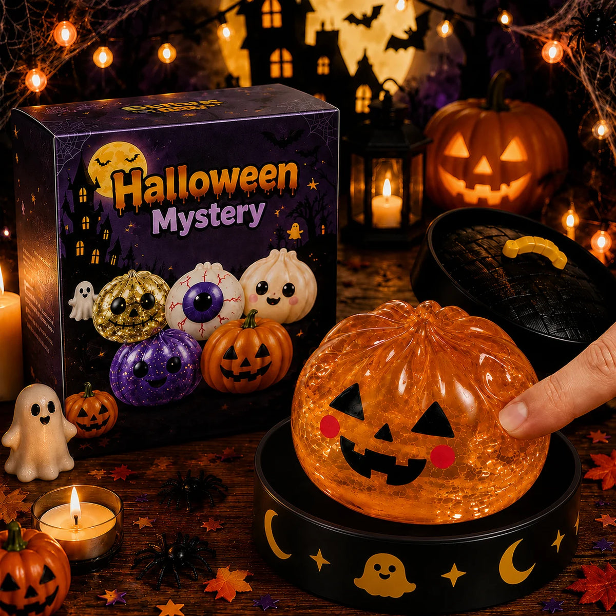 Orange jack-o'-lantern glitter squishy being pressed flat on its stand, slow-rising Halloween stress ball