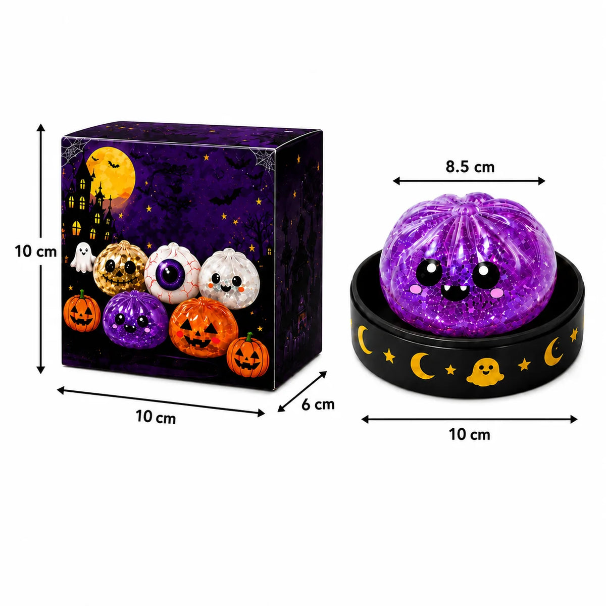 Size chart: 5.5 cm orange jack-o'-lantern glitter squishy on a 6.5 cm stand beside the Halloween gift box
