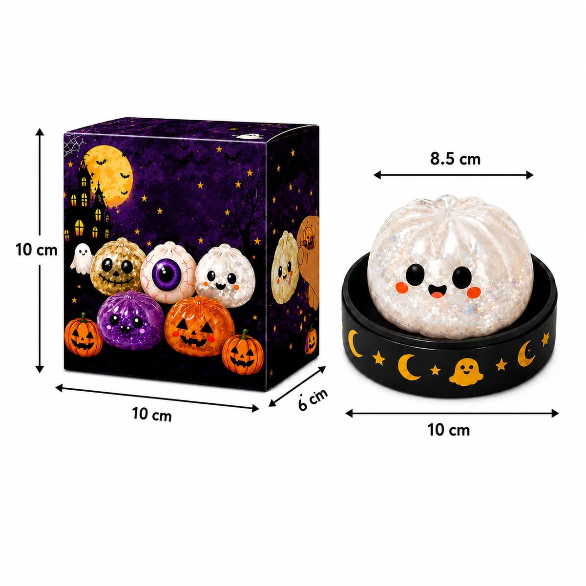 Size chart: 8.5 cm white glitter ghost squishy on a 10 cm moon stand beside the Halloween gift box