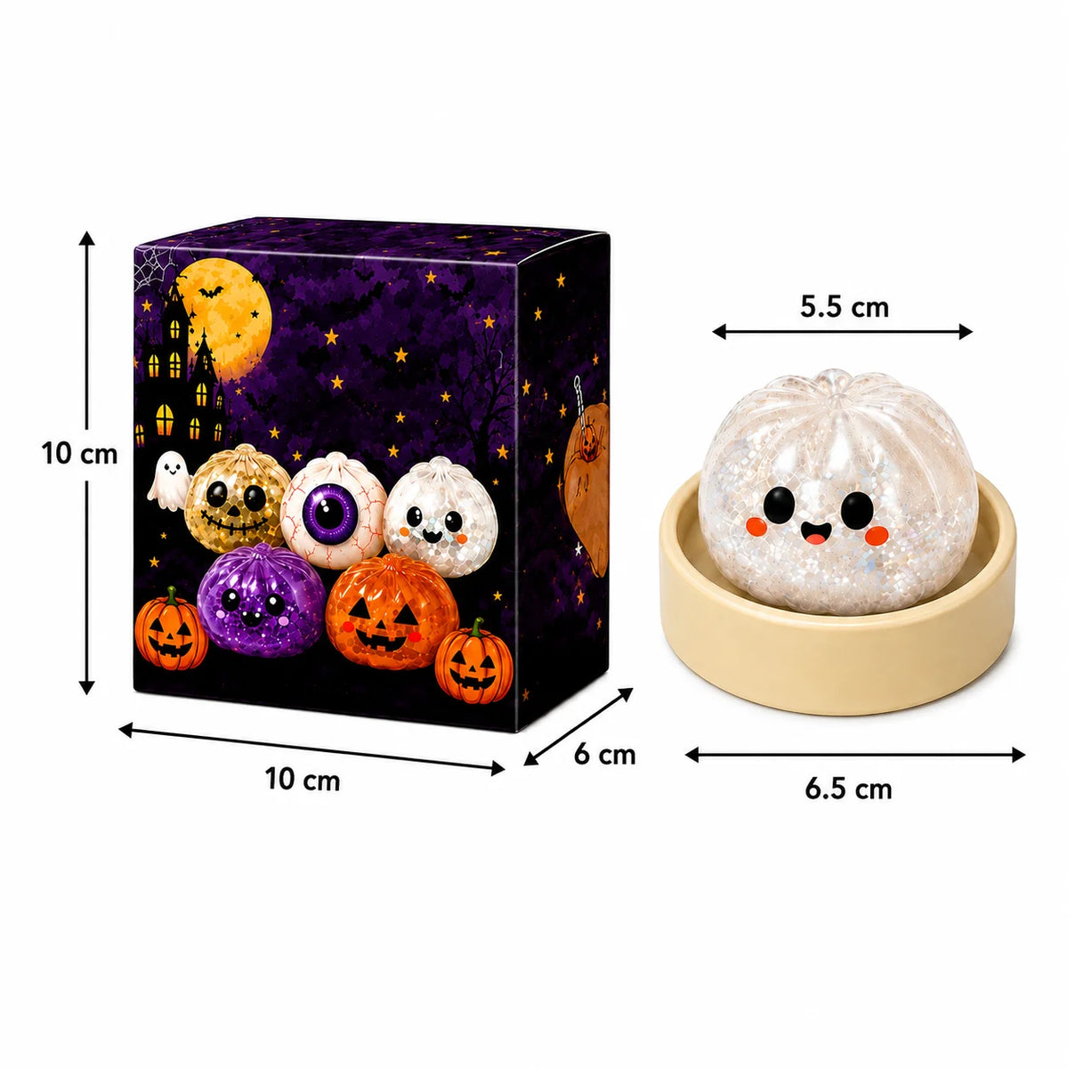 Size chart: 5.5 cm purple glitter pumpkin squishy on a 6.5 cm stand beside the Halloween gift box