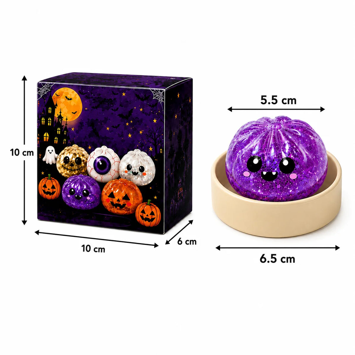 Size chart: 8.5 cm purple glitter pumpkin squishy on a 10 cm moon stand beside the Halloween gift box