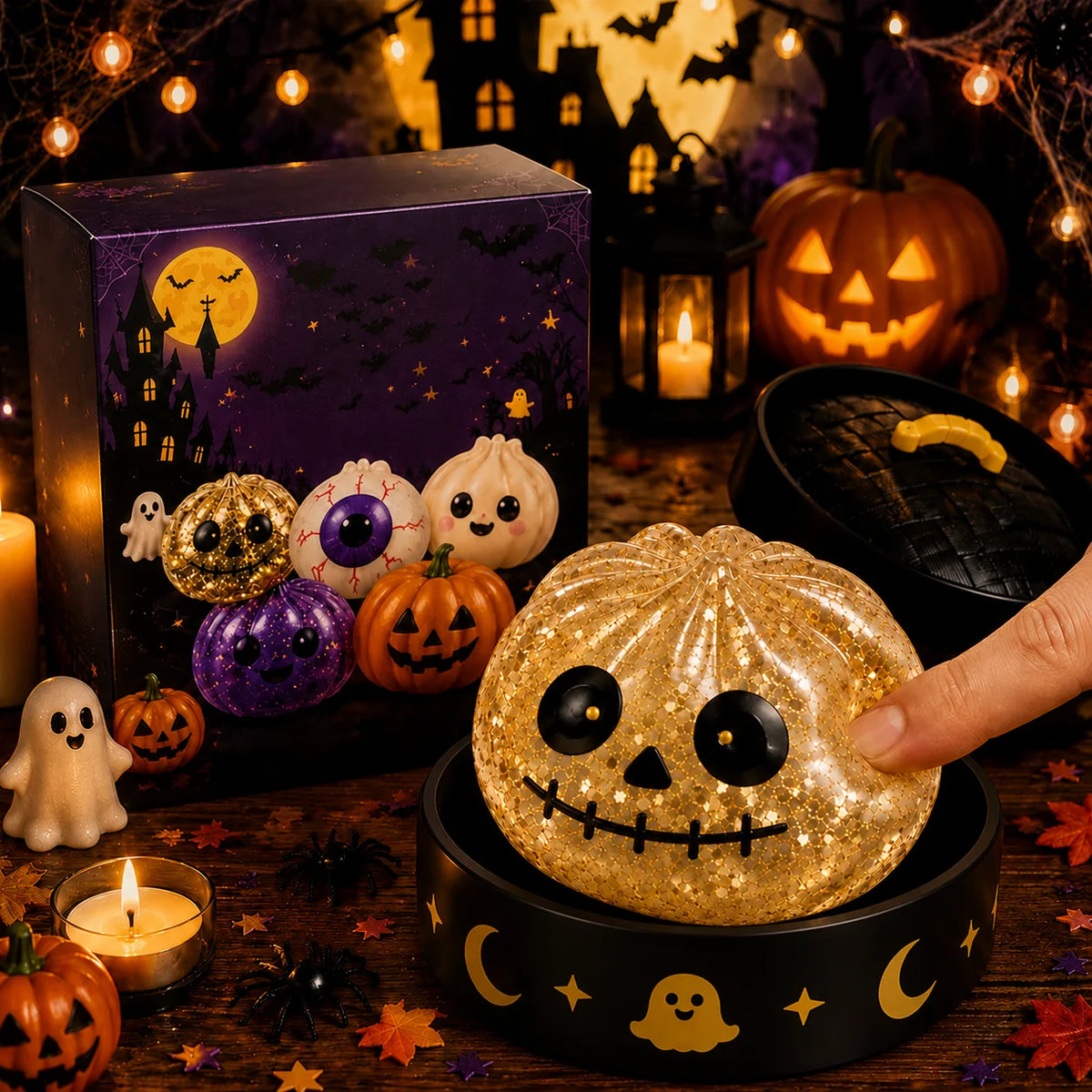 Size chart: Halloween squishy 8.5 cm orange jack-o'-lantern on a 10 cm stand next to a 10x10x6 cm gift box