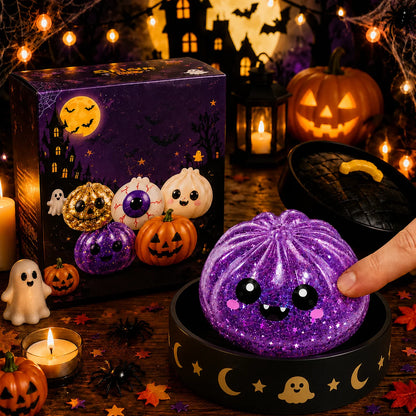 Purple glitter pumpkin squishy with fangs being squished, cute slow-rising Halloween stress toy