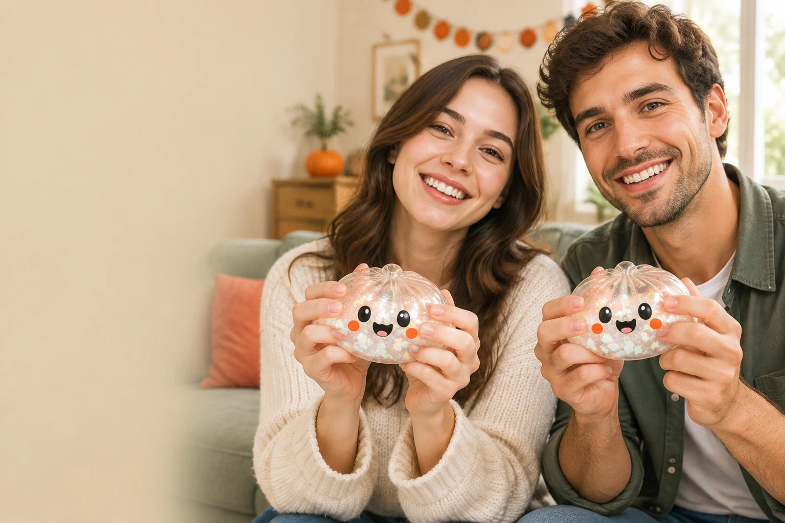 Two adults holding translucent glitter CalmCritter squishy toys