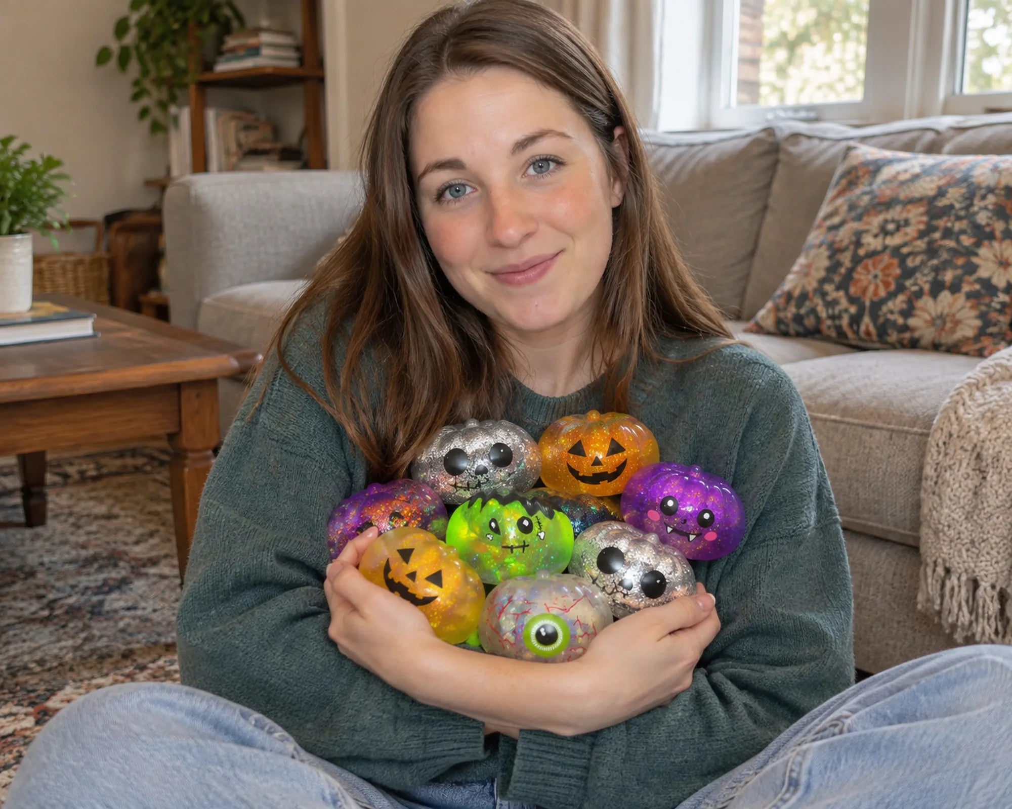Woman holding an armful of Calm Critter pumpkin squishies